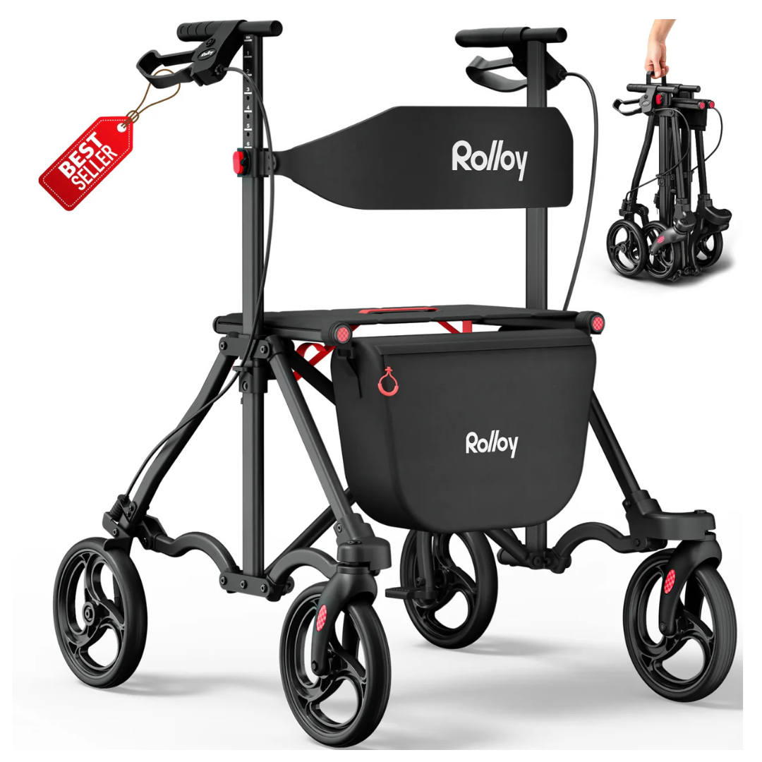 The Rolloy Ultra Compact Master Rollator Walker in black features a storage bag, 8-inch non-slip wheels, and a seat. A red Best Seller tag is attached. Inset shows it folded compactly with a hand lifting it.